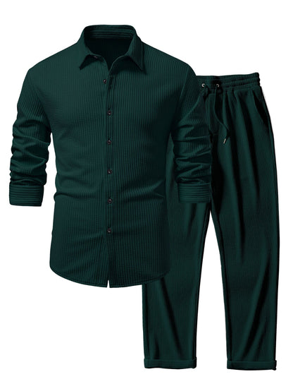 Long Sleeve Muscle Fit Ribbed Button Up Shirt & Straight Leg Ribbed Pants